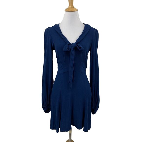 Reformation Dresses & Skirts - Reformation Dress Womens 4 Navy Rosetta Tie Front Elastic Cuffs Keyhole Back Zip